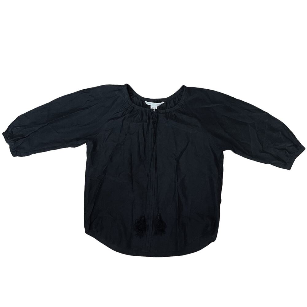 DVF Diane Von Furstenberg Silk Cotton Tassel Peasant Blouse Sheer Black Size 2